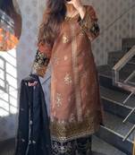 Brown black heavy embroidery nylon twilnet kurta dupatta and pant set