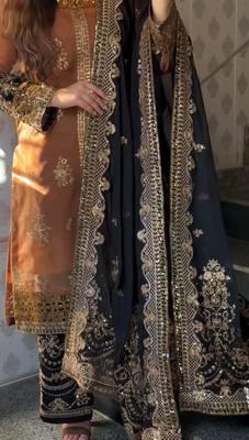 Brown black heavy embroidery nylon twilnet kurta dupatta and pant set 3