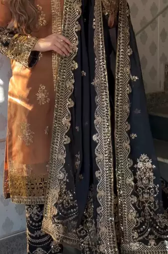 Brown black heavy embroidery nylon twilnet kurta dupatta and pant set