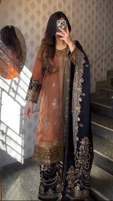 Brown black heavy embroidery nylon twilnet kurta dupatta and pant set 4