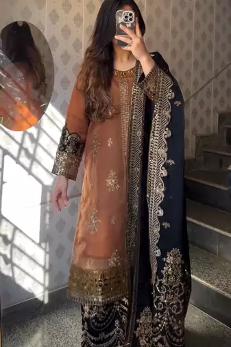 Brown black heavy embroidery nylon twilnet kurta dupatta and pant set