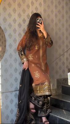 Brown black heavy embroidery nylon twilnet kurta dupatta and pant set 5