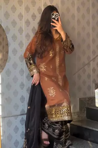 Brown black heavy embroidery nylon twilnet kurta dupatta and pant set