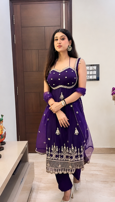Purple designer embroidey faux georgette kurta dupatta pant set 1
