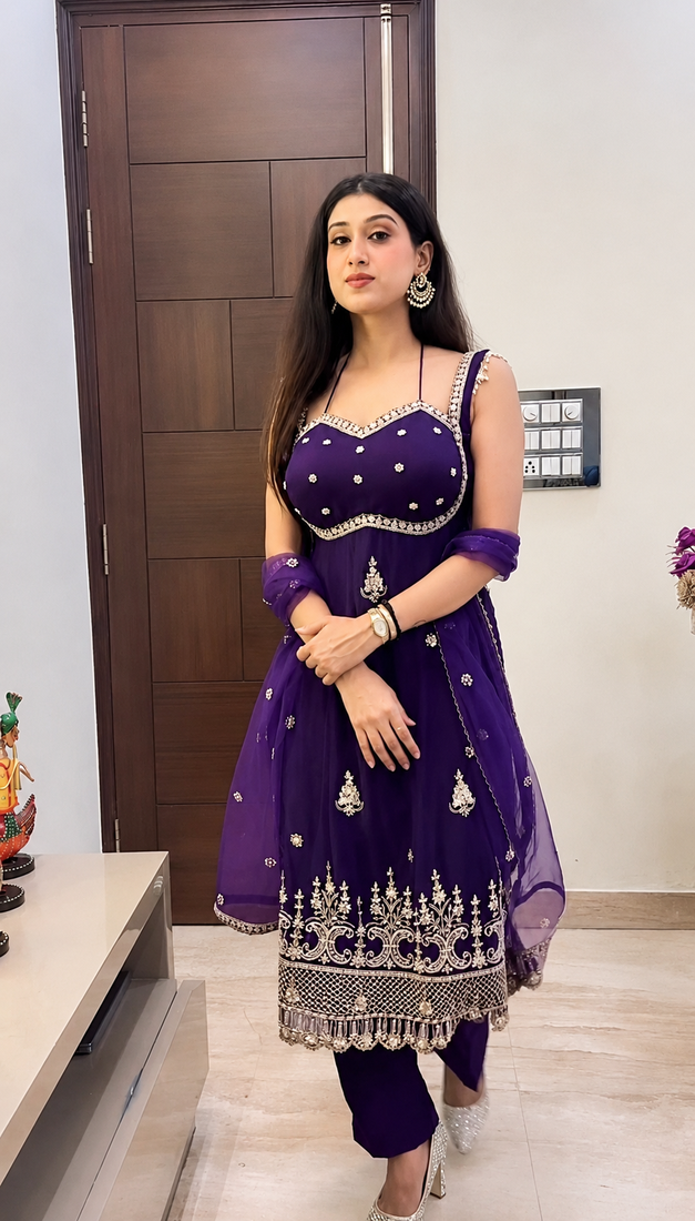 Purple designer embroidey faux georgette kurta dupatta pant set