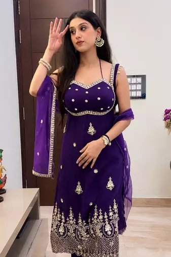 Purple designer embroidey faux georgette kurta dupatta pant set