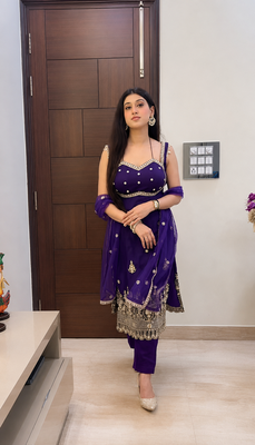 Purple designer embroidey faux georgette kurta dupatta pant set 3