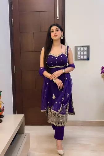 Purple designer embroidey faux georgette kurta dupatta pant set