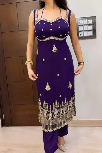 Purple designer embroidey faux georgette kurta dupatta pant set