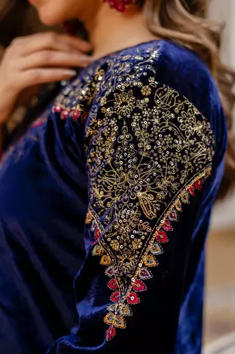 Royal blue embroidery velvet kurta set