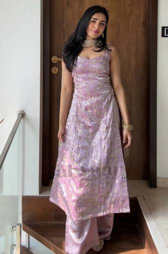 Lavender embroidered jimmy silk blend kurta set
