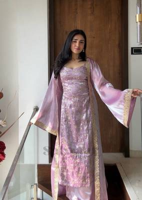 Lavender embroidered jimmy silk blend kurta set 4