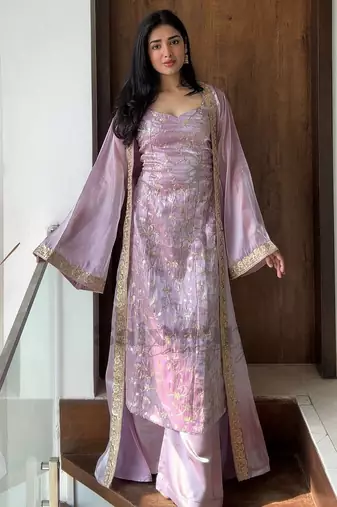 Lavender embroidered jimmy silk blend kurta set