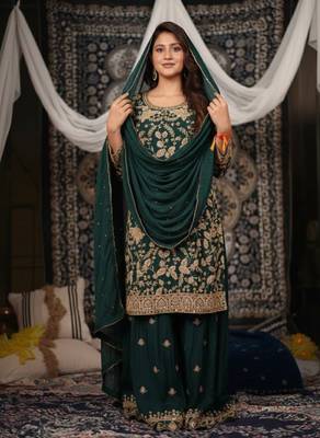 Green embroidered chinon panjabi suit set 1