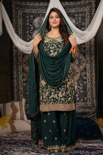Green embroidered chinon panjabi suit set