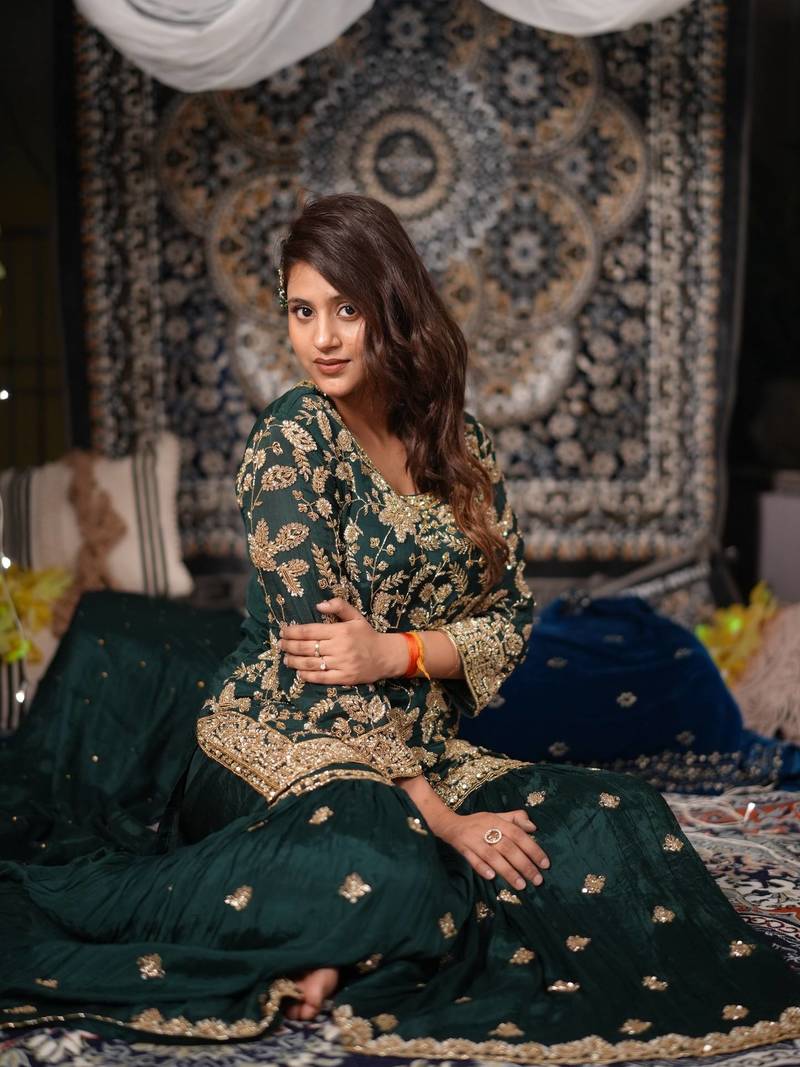 Green embroidered chinon panjabi suit set