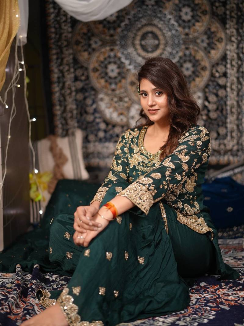 Green embroidered chinon panjabi suit set