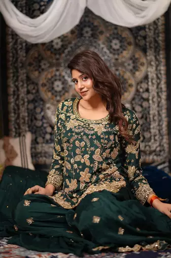 Green embroidered chinon panjabi suit set
