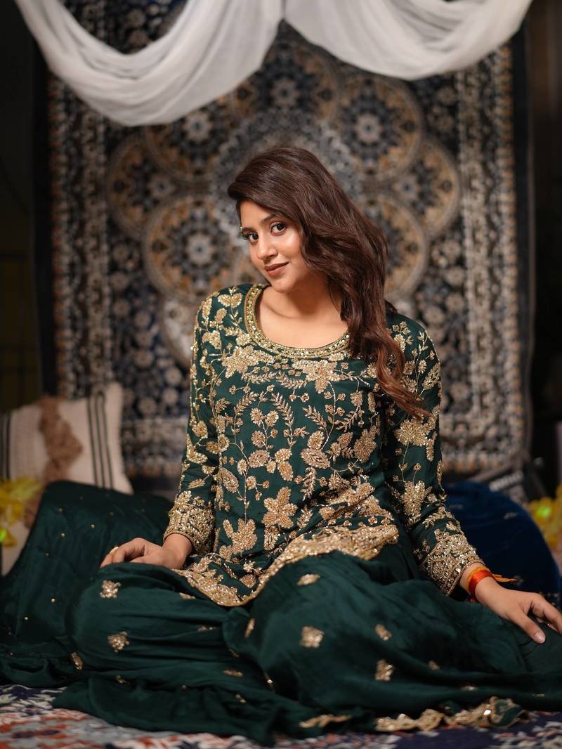 Green embroidered chinon panjabi suit set