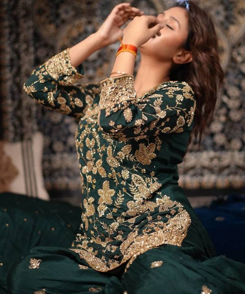 Green embroidered chinon panjabi suit set