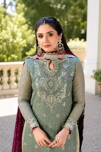 Pista embroidered faux georgette kurta set