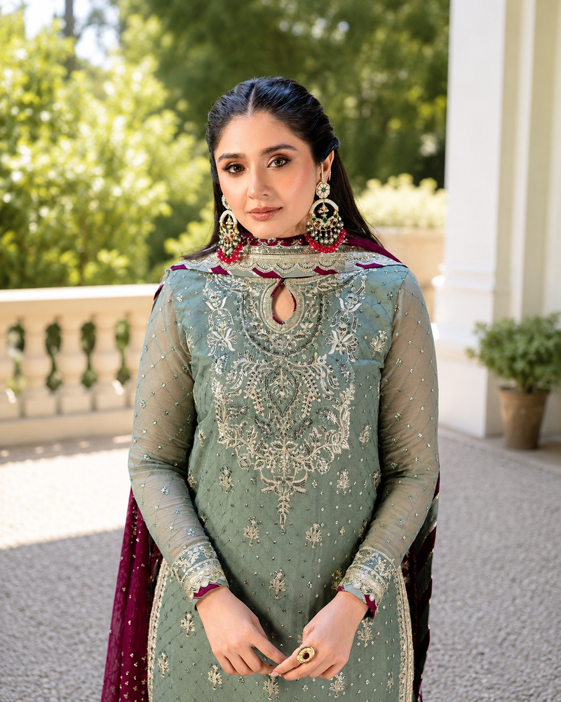 Pista embroidered faux georgette kurta set
