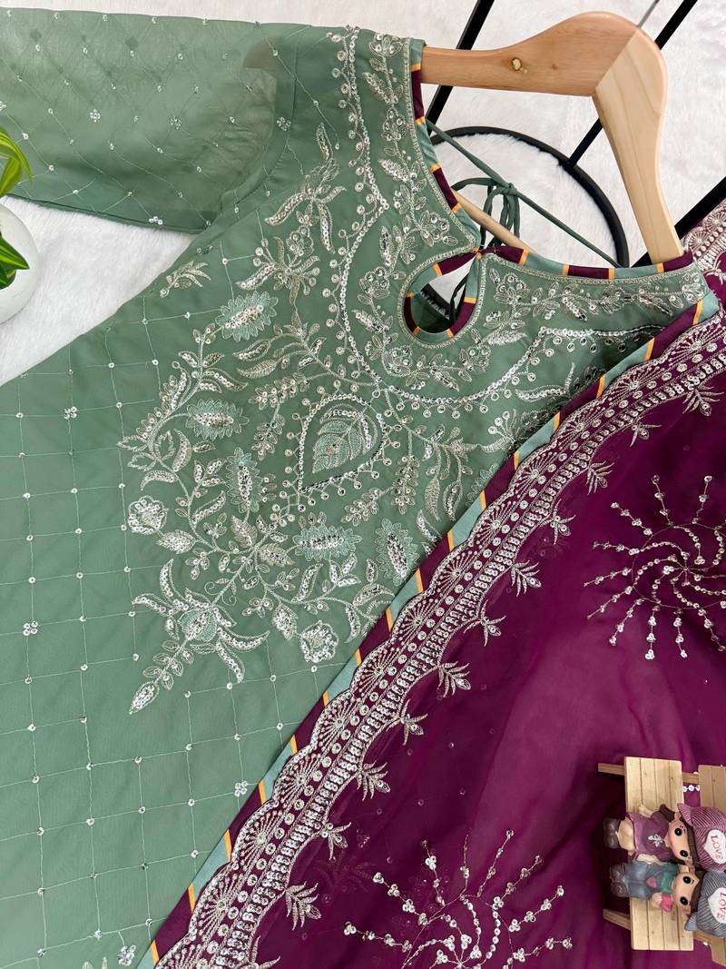 Pista embroidered faux georgette kurta set