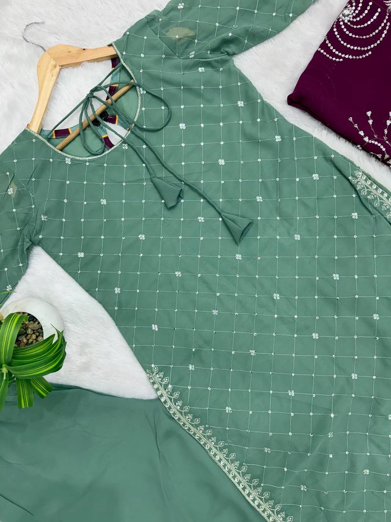 Pista embroidered faux georgette kurta set
