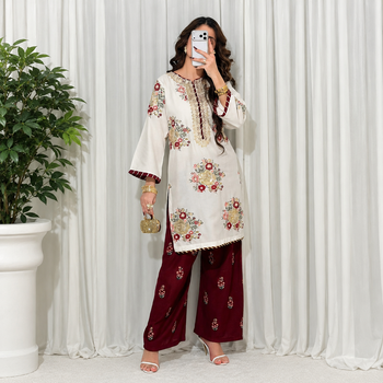 White maroon embroidered faux georgette kurta set 1