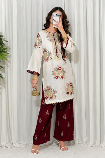 White maroon embroidered faux georgette kurta set