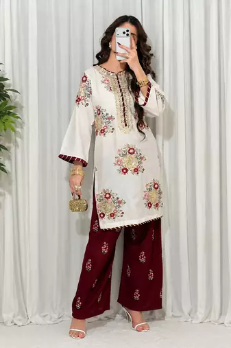 White maroon embroidered faux georgette kurta set