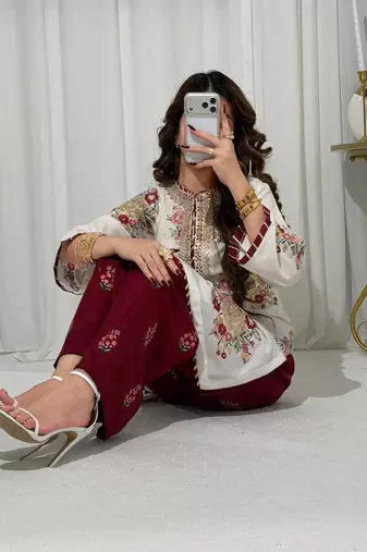 White maroon embroidered faux georgette kurta set