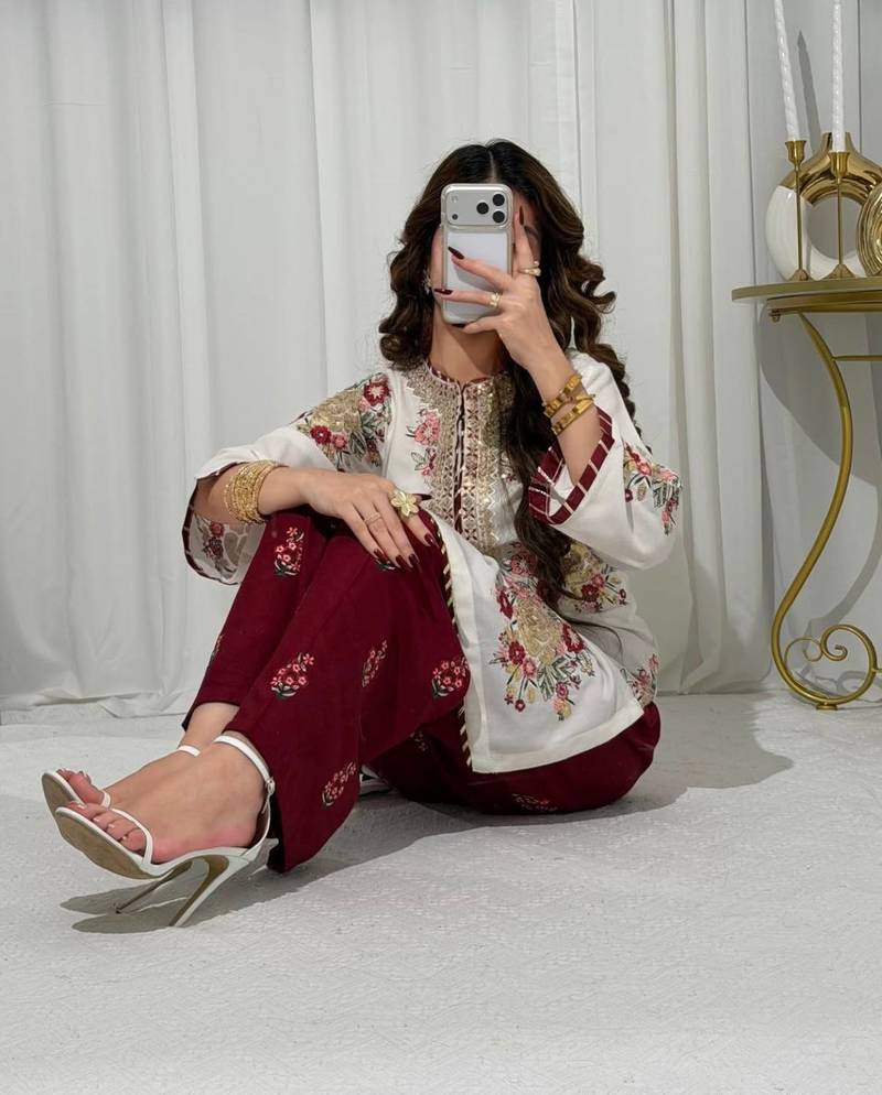 White maroon embroidered faux georgette kurta set