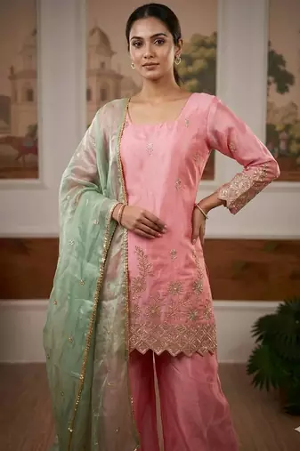Pink jimmi satin embroidery butti work kurta set
