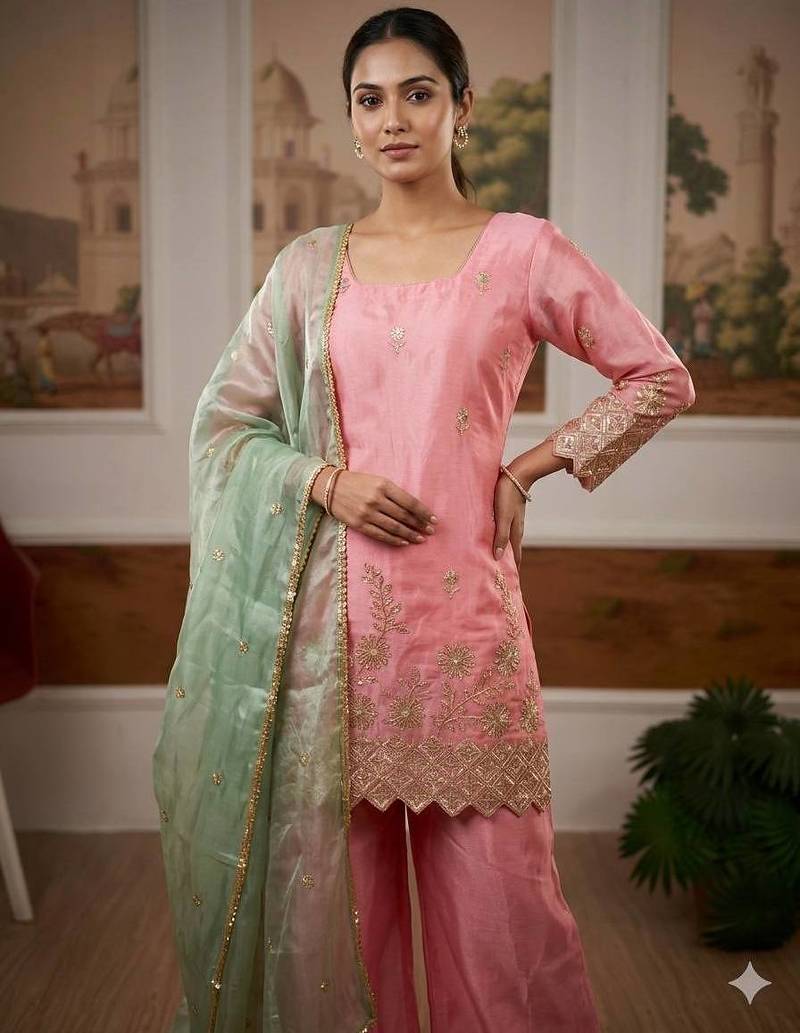 Pink jimmi satin embroidery butti work kurta set