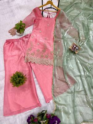 Pink jimmi satin embroidery butti work kurta set 3