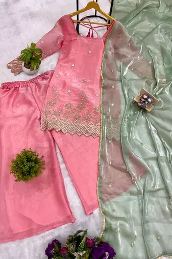 Pink jimmi satin embroidery butti work kurta set