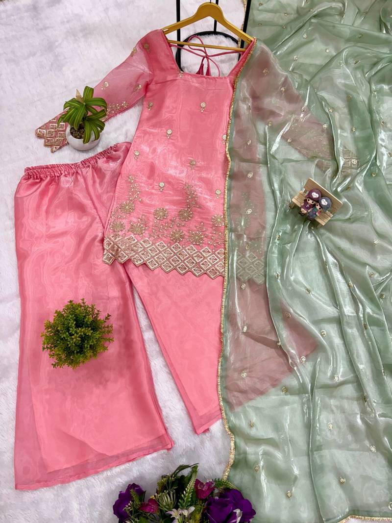 Pink jimmi satin embroidery butti work kurta set