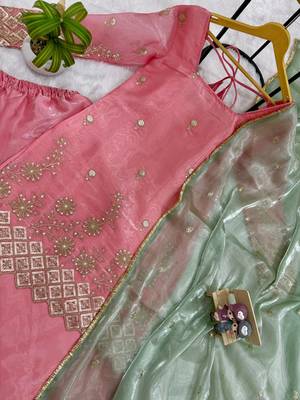 Pink jimmi satin embroidery butti work kurta set 4