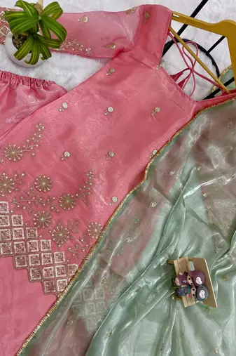 Pink jimmi satin embroidery butti work kurta set