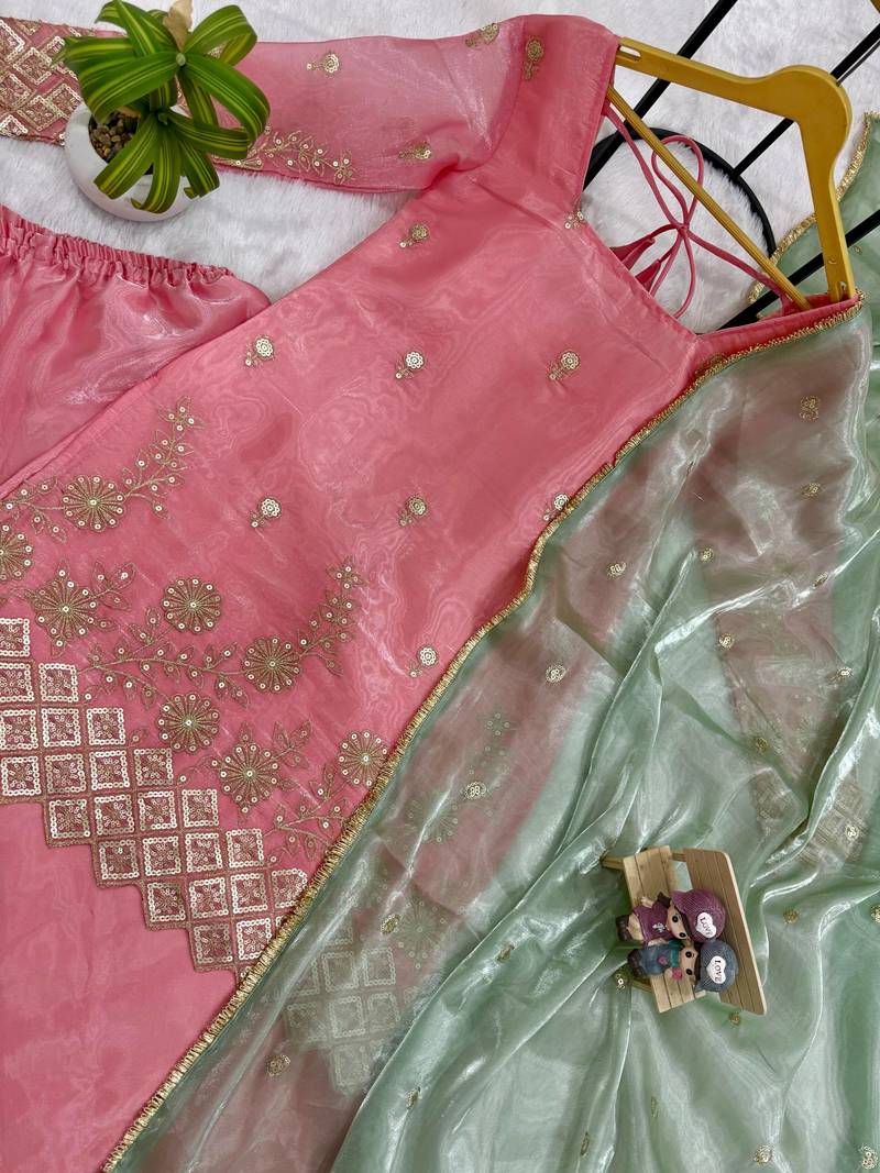 Pink jimmi satin embroidery butti work kurta set