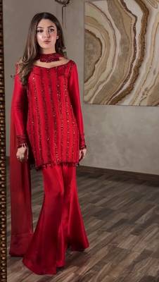 Red sequins embroidery rangoli silk blend kurta set 5