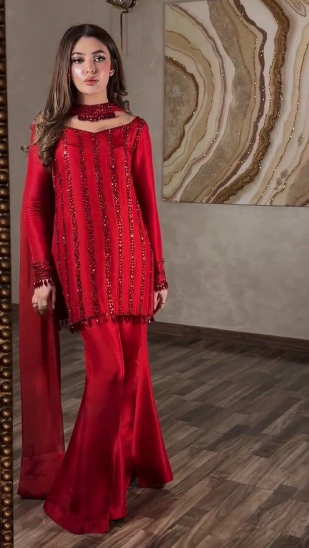 Red sequins embroidery rangoli silk blend kurta set