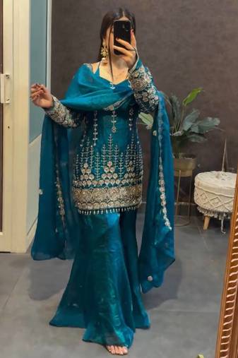 Morpich embroidered fandy satin kurta set