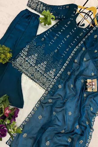 Morpich embroidered fandy satin kurta set