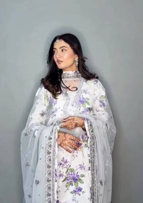 White floral print embroidery faux georgette kurta set 4