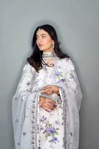 White floral print embroidery faux georgette kurta set