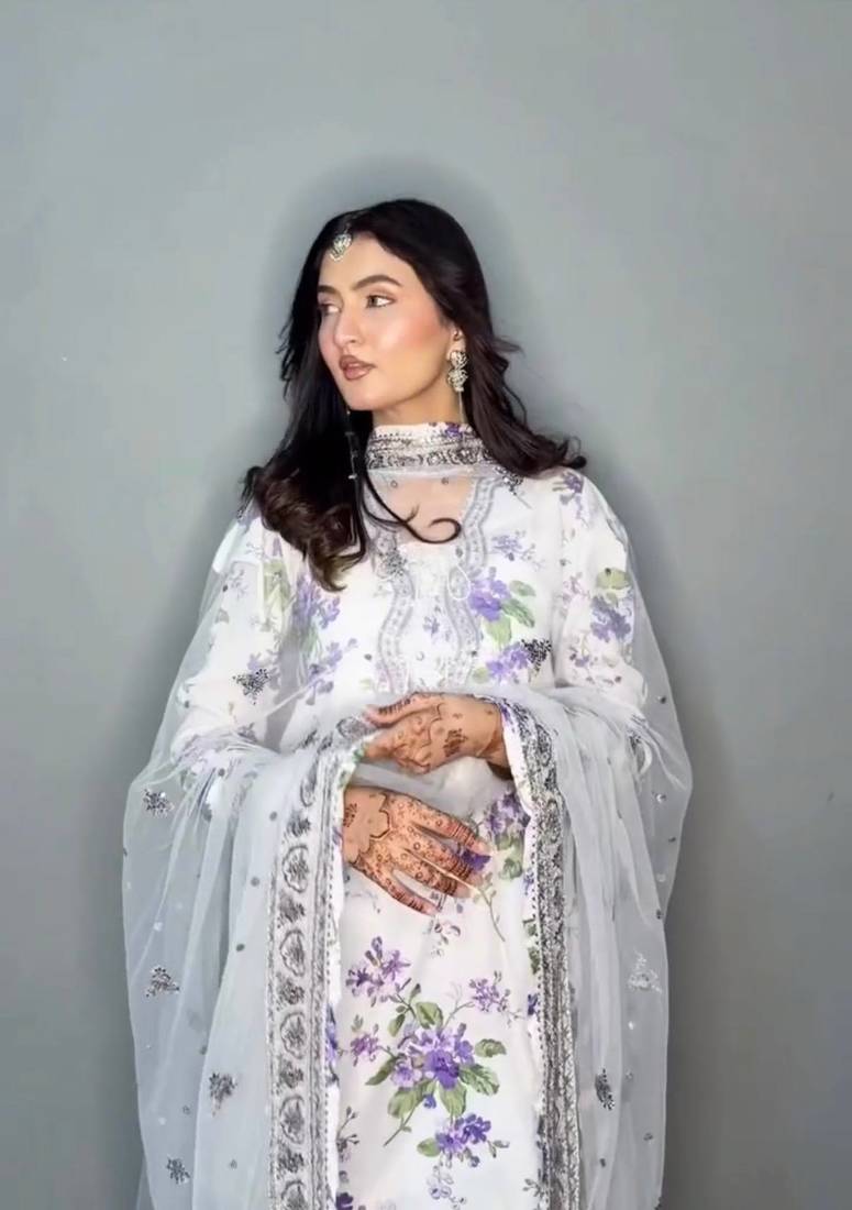 White floral print embroidery faux georgette kurta set