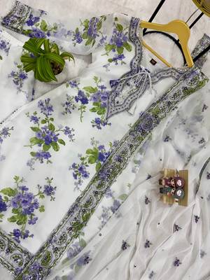 White floral print embroidery faux georgette kurta set 5