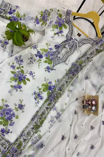 White floral print embroidery faux georgette kurta set
